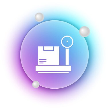 Beyaz zemin üzerinde karton kutu simgesi olan beyaz ölçek. Lojistik ve teslimat. Dağıtım paketinin ağırlığı bir ölçekte. Mavi ve mor eğimli çember arkaplan. Vektör.