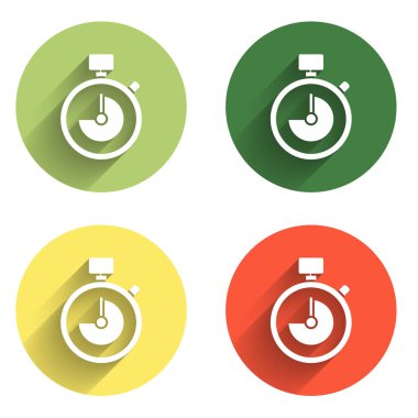 Kronometre simgesini uzun gölge arkaplanı ile izole et. Zaman göstergesi. Kronometre işareti. Renkli daire düğmesi. Vektör.