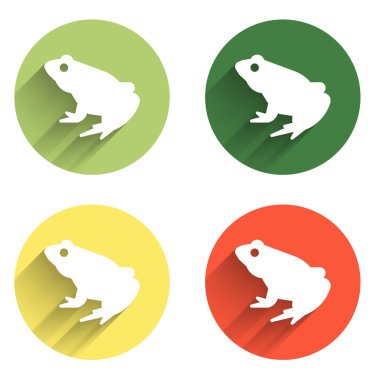 Kurbağa simgesini uzun gölge arkaplanı ile izole et. Hayvan sembolü. Renkli daire düğmesi. Vektör.