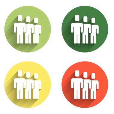 Kullanıcı grup simgesini uzun gölge arkaplanı ile izole et. Bir grup insan ikonu. İş simgesi - kullanıcı profili simgesi. Renkli daire düğmesi. Vektör.