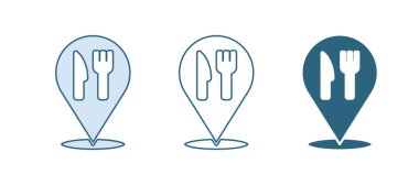 Mavi Kafe ve restoran konumu simgesi beyaz arka planda izole edildi. Noktanın içinde çatal ve kaşık yeme işareti var. Vektör..