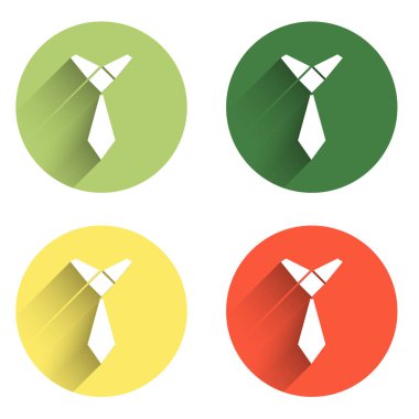 Kravat simgesini uzun gölge arkaplanı ile izole et. Boyunbağı ve boyun bezi sembolü. Renkli daire düğmesi. Vektör.