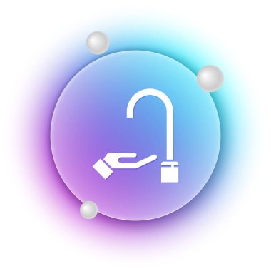 Beyaz arka planda sabun ikonu olan beyaz yıkama elleri. Virüs ve bakterileri önlemek için ellerini sabunla yıkıyorsun. Mavi ve mor eğimli çember arkaplan. Vektör.