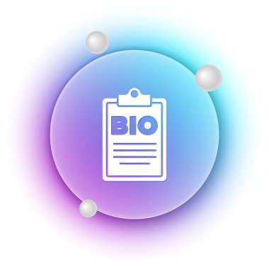 Beyaz arka planda izole edilmiş biyolojik yeşil sağlıklı yiyecek ikonu için beyaz belge. Organik ürün. Sağlıklı yemek etiketi. Mavi ve mor eğimli çember arkaplan. Vektör.