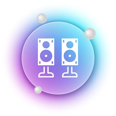 Beyaz Stereo hoparlörü simgesi beyaz arkaplanda izole edildi. Ses sistemi hoparlörleri. Müzik ikonu. Müzikal sütun hoparlörü. Mavi ve mor eğimli çember arkaplan. Vektör.