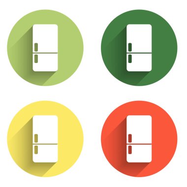 Buzdolabı simgesini uzun gölge arkaplanı ile izole et. Buzdolabı buzdolabı. Ev aletleri ve aletler. Renkli daire düğmesi. Vektör.