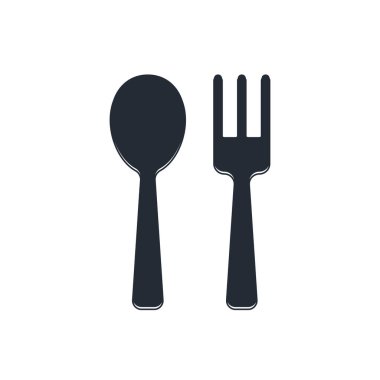 Siyah çatal ve kaşık ikonu beyaz arka planda izole edilmiş. Mutfak aletleri. Çatal bıçak seti. Vektör.