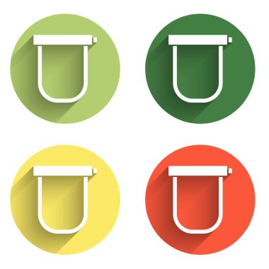 Bisiklet kilidini U şeklinde izole edilmiş, uzun gölgeli bir endüstriyel simge olarak ayarla. Renkli daire düğmesi. Vektör.