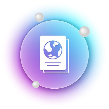 Beyaz arka planda biyometrik veri simgesine sahip beyaz pasaport. Kimlik Belgesi. Mavi ve mor eğimli çember arkaplan. Vektör.