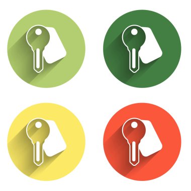 Otelin kapı kilidi simgesini uzun gölge arkaplanı ile izole et. Renkli daire düğmesi. Vektör.