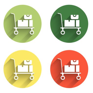 El arabası ve kutucuk simgesini uzun gölge arkaplanı ile izole et. Dolly sembolü. Renkli daire düğmesi. Vektör.