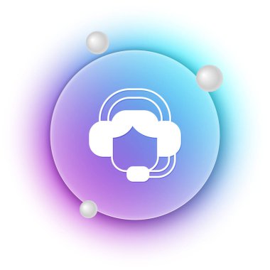 Beyaz arka planda izole edilmiş bir kulaklık simgesi olan beyaz kadın. Destek operatörü hatta. Çağrı merkezi konsepti, müşteri destek servisi. Mavi ve mor eğimli çember arkaplan. Vektör.