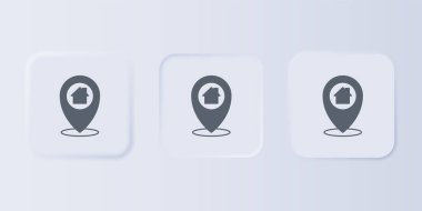 Gri arkaplanda ev simgesi olan gri harita işaretçisi. Ev konumu belirleyici sembol. Kare düğmelere simgeleri yerleştir. Vektör.