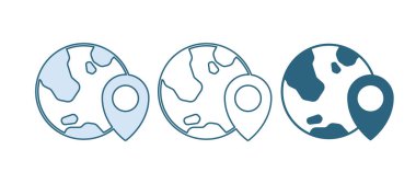 Küresel simgenin mavi konumu beyaz arkaplanda izole edildi. Dünya ya da Dünya işareti. Vektör.