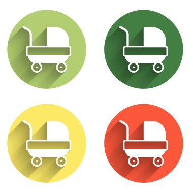 Bebek arabası simgesini uzun gölge arkaplanı ile izole et. Bebek arabası, at arabası, bebek arabası, bebek arabası, tekerlek. Renkli daire düğmesi. Vektör.