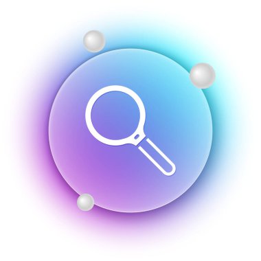 Beyaz arka planda izole edilmiş beyaz büyüteç simgesi. Arama, odaklanma, yakınlaştırma, iş sembolü. Mavi ve mor eğimli çember arkaplan. Vektör.