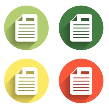 Dosya belgesi simgesini uzun gölge arkaplanı ile izole et. Kontrol listesi simgesi. İş konsepti. Renkli daire düğmesi. Vektör.