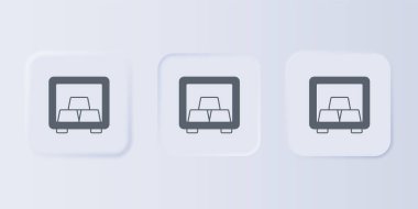 Gri arka planda izole edilmiş altın külçeli gri kasa. Bankada değerli metaller var. Metalik hazine. Güvenilir veri koruması. Kare düğmelere simgeleri yerleştir. Vektör.