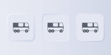 Gri arka planda gri otobüs simgesi izole edildi. Ulaşım konsepti. Otobüs turu nakliyesi. Turizm ya da kamu aracı sembolü. Kare düğmelere simgeleri yerleştir. Vektör.