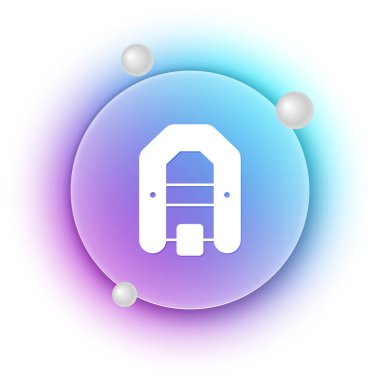 Beyaz Rafting tekne simgesi beyaz arkaplanda izole edildi. Kürekleri olan şişme bir tekne. Su sporları, ekstrem sporlar, tatil, tatil. Mavi ve mor eğimli çember arkaplan. Vektör.