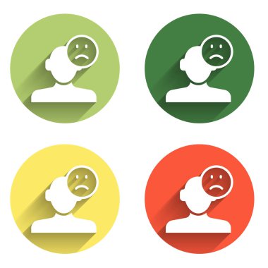 Üzgün ve depresif bir adam, kötü ruh hali ikonu uzun gölgeli bir arka plan. Renkli daire düğmesi. Vektör.