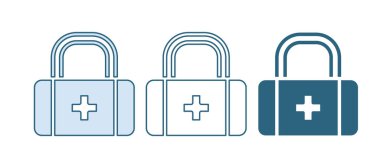 Mavi ilk yardım çantası simgesi beyaz arkaplanda izole edildi. Haçlı sağlık kutusu. Acil durumlar için tıbbi ekipman. Sağlık sigortası konsepti. Vektör.