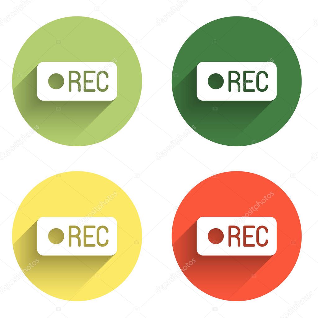 Set Record button icon isolated with long shadow background. Rec button. Color circle button. Vector.