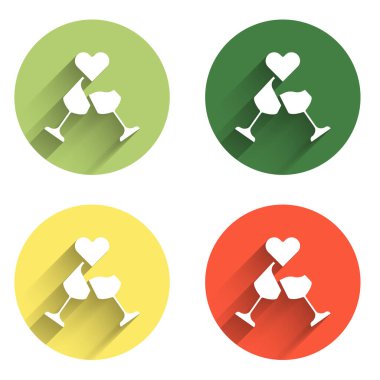 Şampanya ikonu uzun gölgeli izole edilmiş. Sevgililer günün kutlu olsun. Renkli daire düğmesi. Vektör.