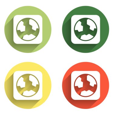 Dünya küresi simgesini uzun gölge arkaplanı ile izole et. Dünya ya da Dünya işareti. Küresel internet sembolü. Geometrik şekiller. Renkli daire düğmesi. Vektör.