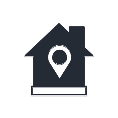 Beyaz arkaplanda ev simgesi olan siyah harita işaretçisi. Ev konumu belirleyici sembol. Vektör.