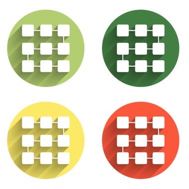 NFT engelleme teknolojisi simgesini uzun gölge arkaplanı ile izole et. Para iadesi olmayan jeton. Dijital kripto sanat konsepti. Renkli daire düğmesi. Vektör.