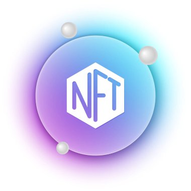 Beyaz NFT dijital kripto resim simgesi beyaz arkaplanda izole edildi. Para iadesi olmayan jeton. Mavi ve mor eğimli çember arkaplan. Vektör.