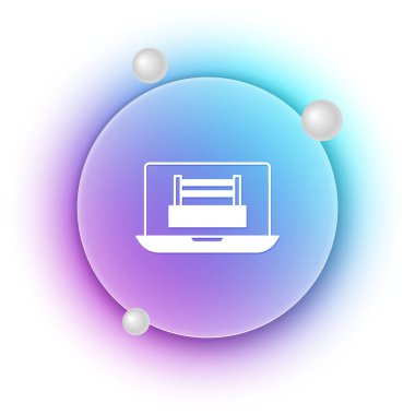 Dizüstü bilgisayar simgesinde beyaz arkaplanda beyaz boks ringi görünüyor. Mavi ve mor eğimli çember arkaplan. Vektör.