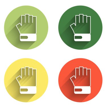 MMA eldiven simgesini uzun gölge arkaplanı ile izole et. Aksesuar dövüşçüleri. Savaşçı eldivenleri. Renkli daire düğmesi. Vektör.