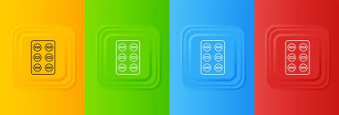 Beyaz haplar renkli arka planda izole edilmiş, su toplayan paket ikonu. İlaç paketi. Tablet, vitamin, antibiyotik, aspirin. Kare düğmelere simgeleri yerleştir. Vektör.