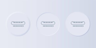 Gri arka planda gri kano ve kürek ikonu izole edildi. Balıkçılık ve turizm için kano. Açık hava aktiviteleri. Kare düğmelere simgeleri yerleştir. Vektör.