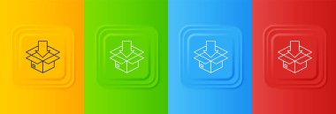 Renkli arkaplanda izole edilmiş trafik sembolü simgesi olan beyaz karton kutu. Kutu, paket, paket. Teslimat, ulaşım ve nakliye. Kare düğmelere simgeleri yerleştir. Vektör.