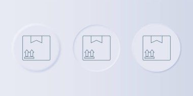 Gri arka planda trafik sembolü simgesi olan gri karton kutu. Kutu, paket, paket. Teslimat, ulaşım ve nakliye. Kare düğmelere simgeleri yerleştir. Vektör.