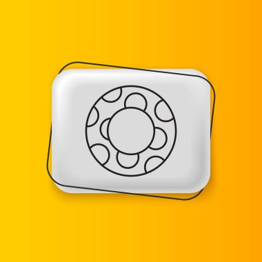 Sarı arka planda siyah lastik yüzme ikonu izole edildi. Hayat kurtaran yüzen can simidi plaj için, kurtarma kemeri insanları kurtarmak için. Gümüş dikdörtgen düğme. Vektör.