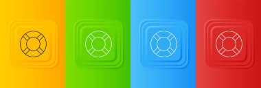 Beyaz Lifebuoy simgesi renkli arkaplanda izole edildi. Hayat kurtaran yüzen can simidi plaj için, kurtarma kemeri insanları kurtarmak için. Kare düğmelere simgeleri yerleştir. Vektör.