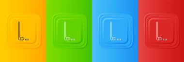 Beyaz buz hokeyi sopası ve renkli arka planda izole edilmiş disk ikonu. Kare düğmelere simgeleri yerleştir. Vektör.