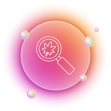 Beyaz arka planda yaprak simgesi olan beyaz büyüteç. Bilimsel biyoloji, doğa yaprağı. Turuncu ve pembe eğimli çember arka planı. Vektör.