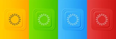 Beyaz Güneş simgesi renkli arkaplanda izole edildi. Yaz sembolü. Güneşli bir gün. Kare düğmelere simgeleri yerleştir. Vektör.