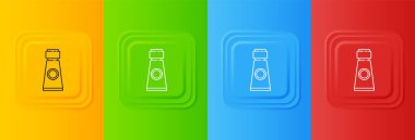 Renkli arka planda izole edilmiş beyaz renkli palet simgesi. Kare düğmelere simgeleri yerleştir. Vektör.