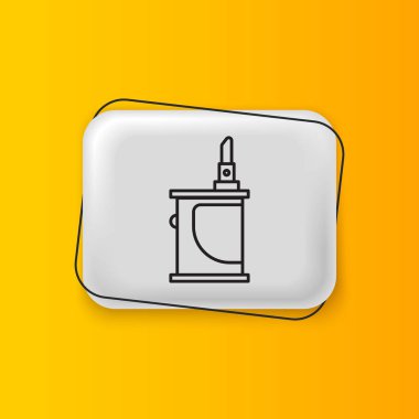 Sarı arka planda siyah Elektronik sigara ikonu izole edildi. Tüttürme aleti. Buharlaştırıcı Cihaz. Gümüş dikdörtgen düğme. Vektör.