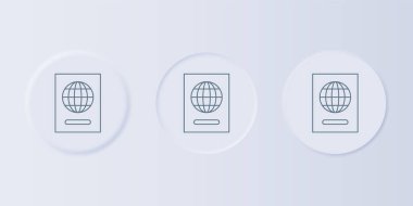 Gri arkaplanda biyometrik veri simgesine sahip gri pasaport. Kimlik Belgesi. Kare düğmelere simgeleri yerleştir. Vektör.