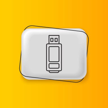 Siyah USB flaş bellek simgesi sarı arkaplanda izole edildi. Gümüş dikdörtgen düğme. Vektör.