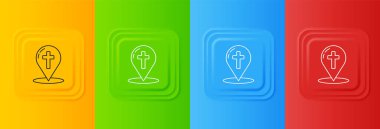 Renkli arka planda izole edilmiş Hristiyan haç simgesi olan beyaz harita işaretçisi. Kare düğmelere simgeleri yerleştir. Vektör.