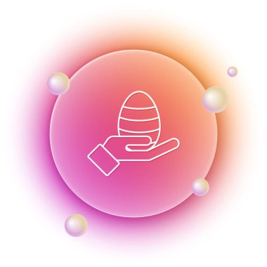 Beyaz insan eli ve paskalya yumurtası ikonu beyaz arka planda izole edilmiş. Mutlu Paskalyalar. Turuncu ve pembe eğimli çember arka planı. Vektör.