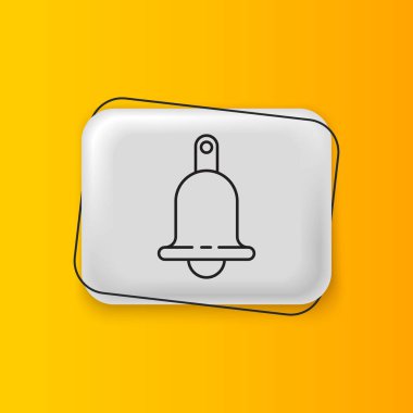 Sarı arkaplanda siyah zil simgesi izole edildi. Alarm sembolü, servis zili, el zili işareti, uyarı sembolü. Gümüş dikdörtgen düğme. Vektör.